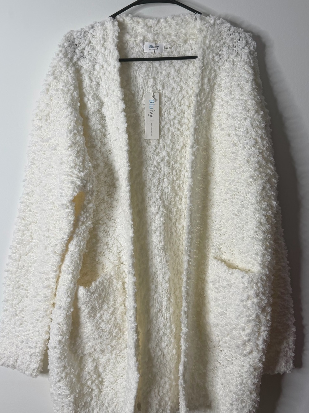 Bluivy Women's Ivory Plush Open Cardigan with Pockets